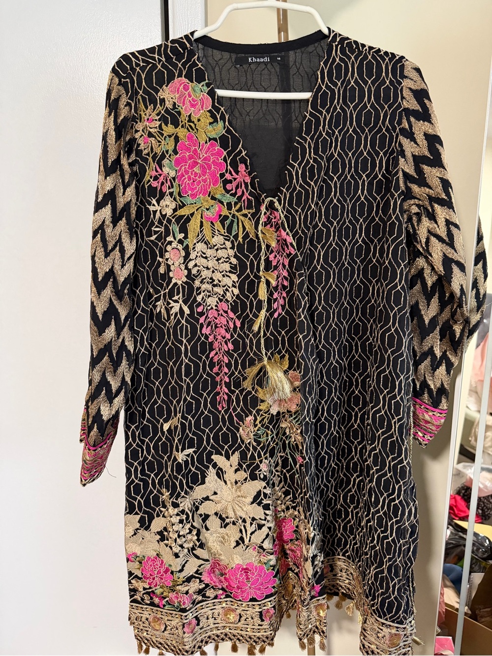 Khaadi Black Tunic with Pink & Gold Floral Embroidery